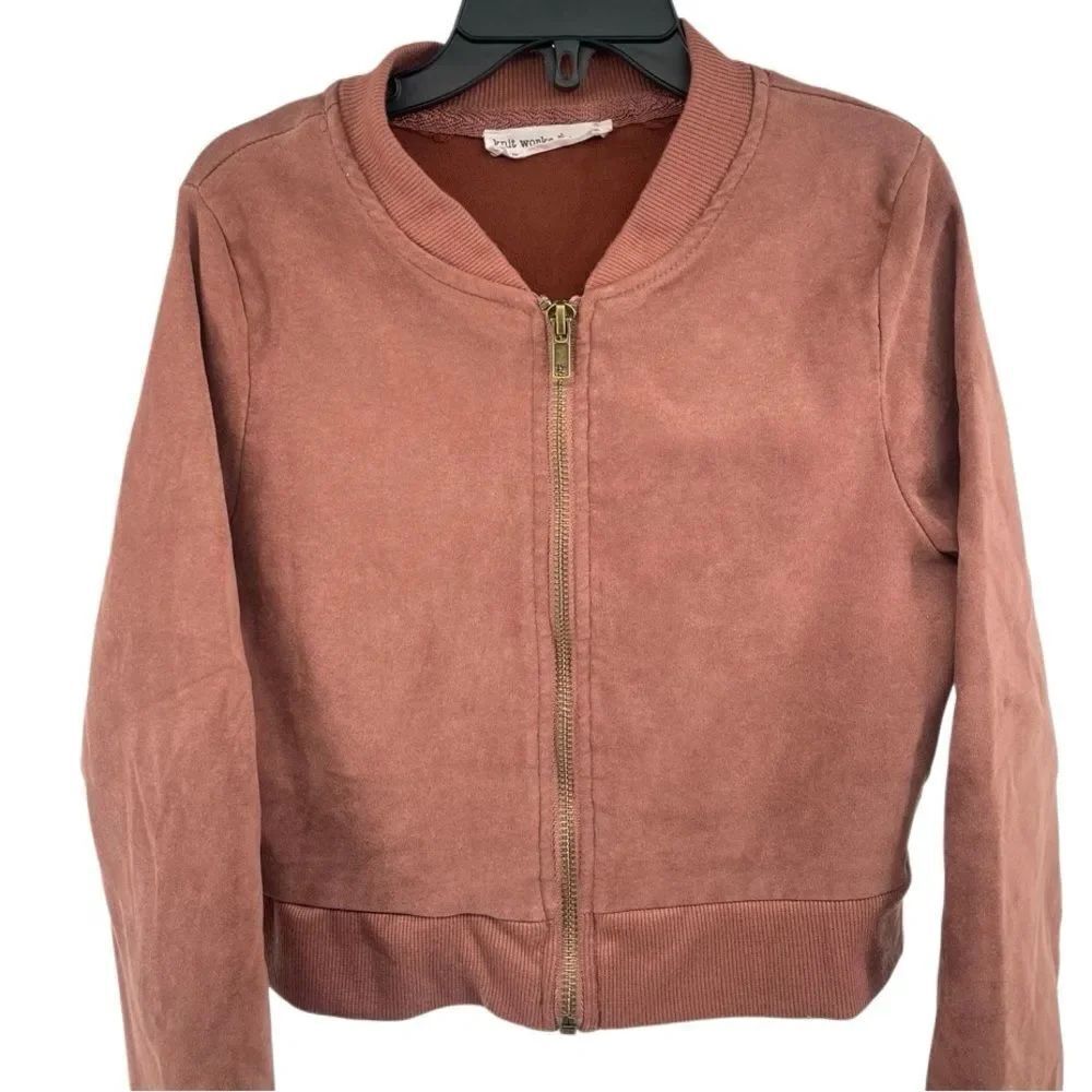 Knit Works Girls Terracotta Brown Faux Suede Bomber Jacket Full Zip Size 10/12